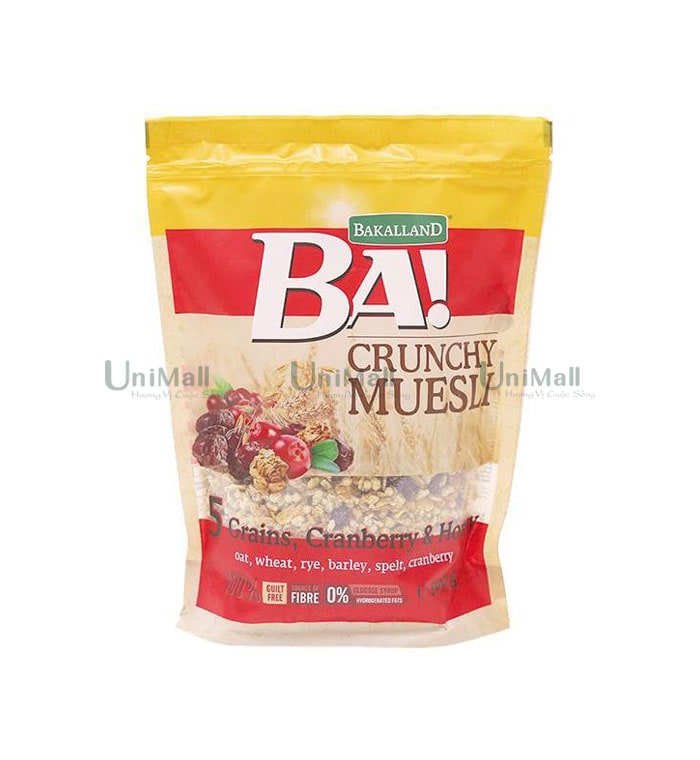 Ngũ cốc Muesli 5 loại lúa mạch, nam việt quất và mật ong BAKALLAND